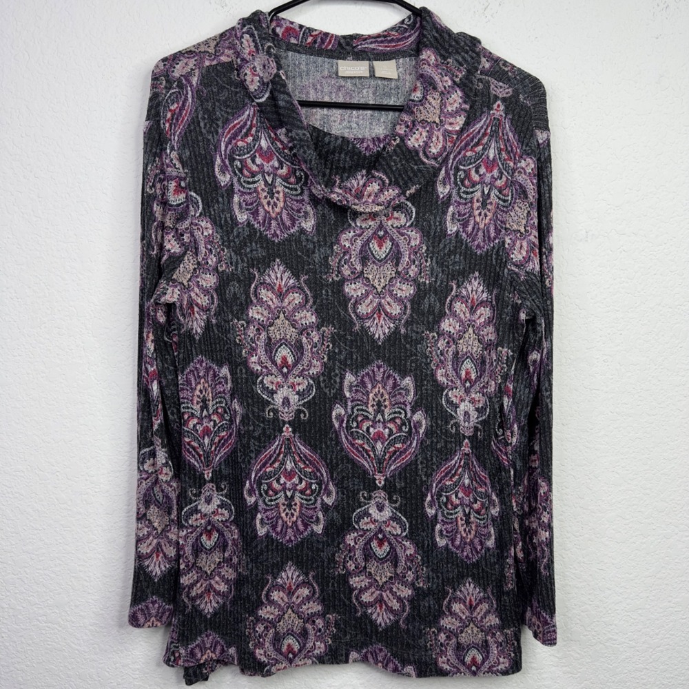 Chico's Zenergy Shirt Womens 0/S Purple Paisely Geometric Cowl Neck Knit Boho